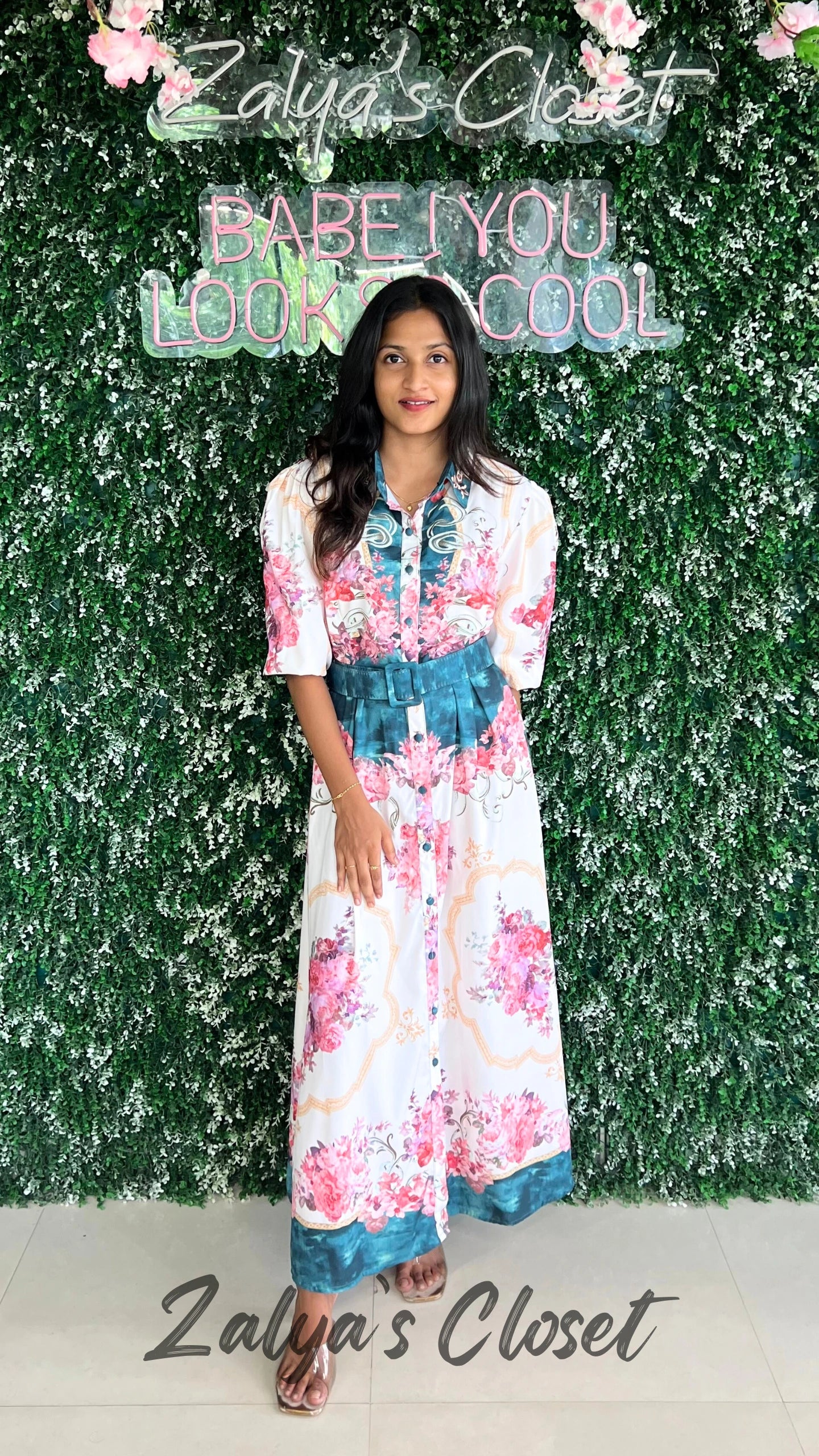 Flower Printed Full Length Gown with Belt image 10