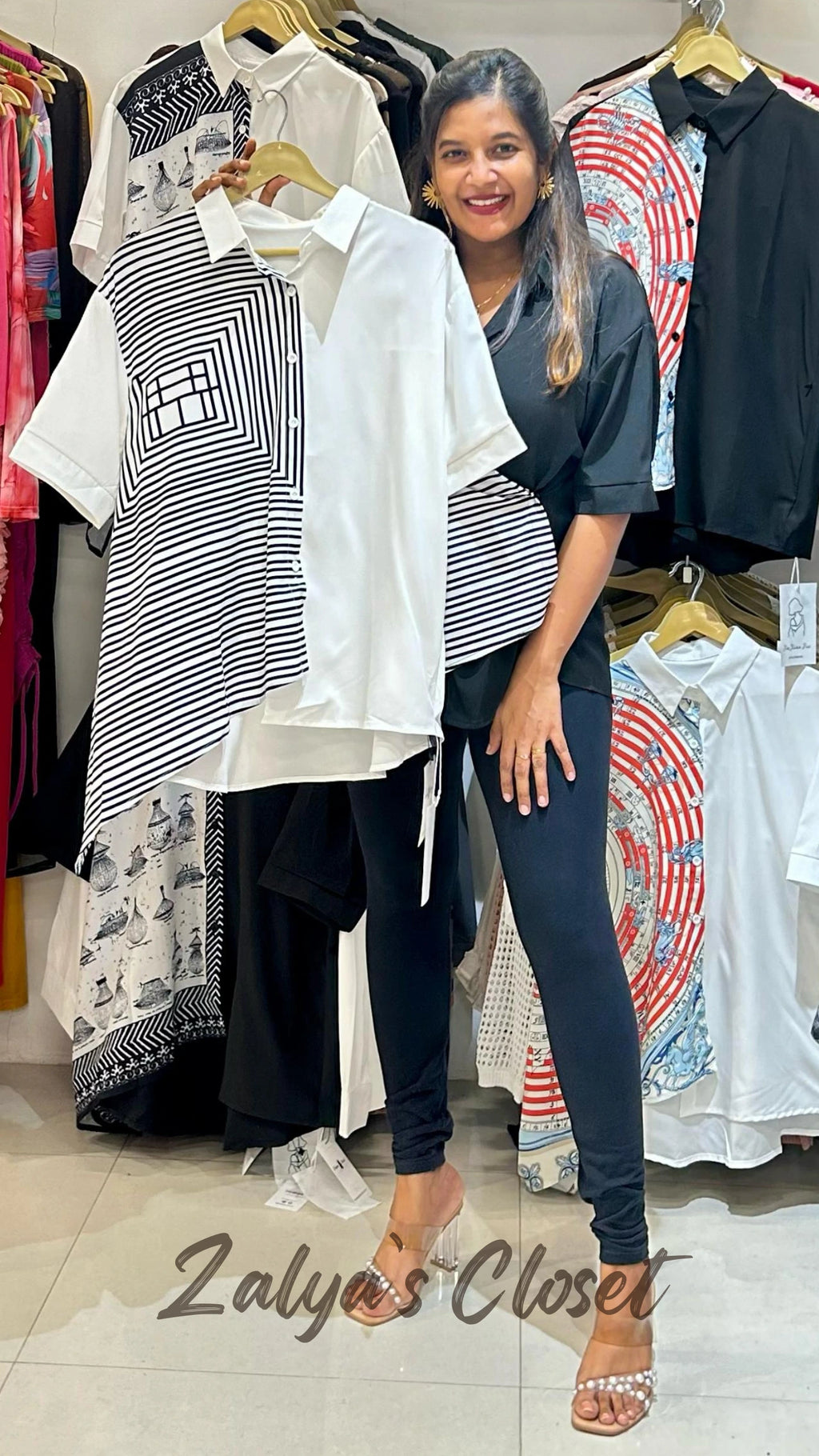 One Side Printed Asymmetrical Imported Shirt - White image