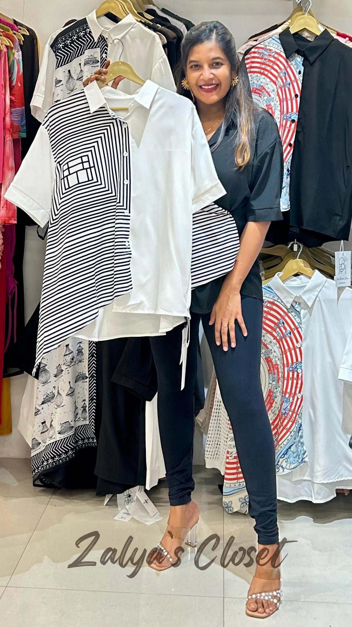 One Side Printed Asymmetrical Imported Shirt - White image