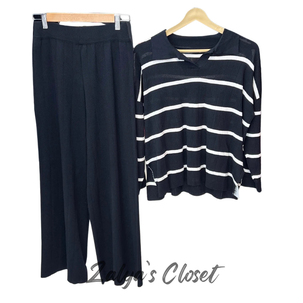 Imported Airport Look Co-ord Set Horizontal Striped Top - Black image