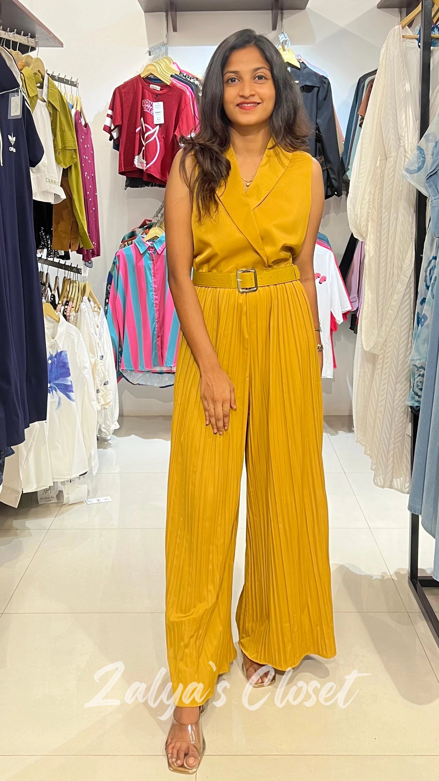 Imported Pleated Jumpsuits with Belt - Half Sleeve, Yellow image
