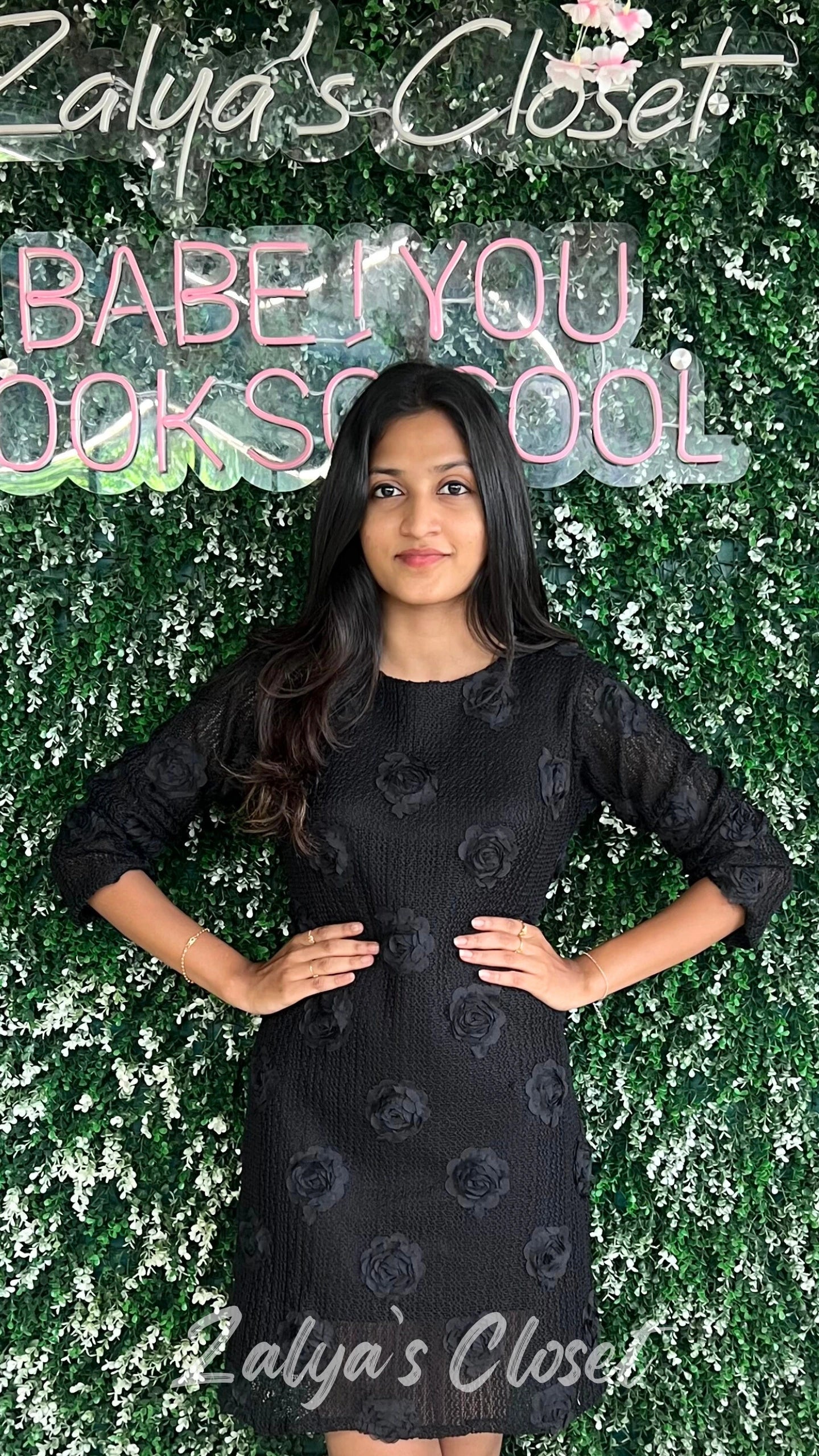 Imported Flower Embossed Dress - Black image