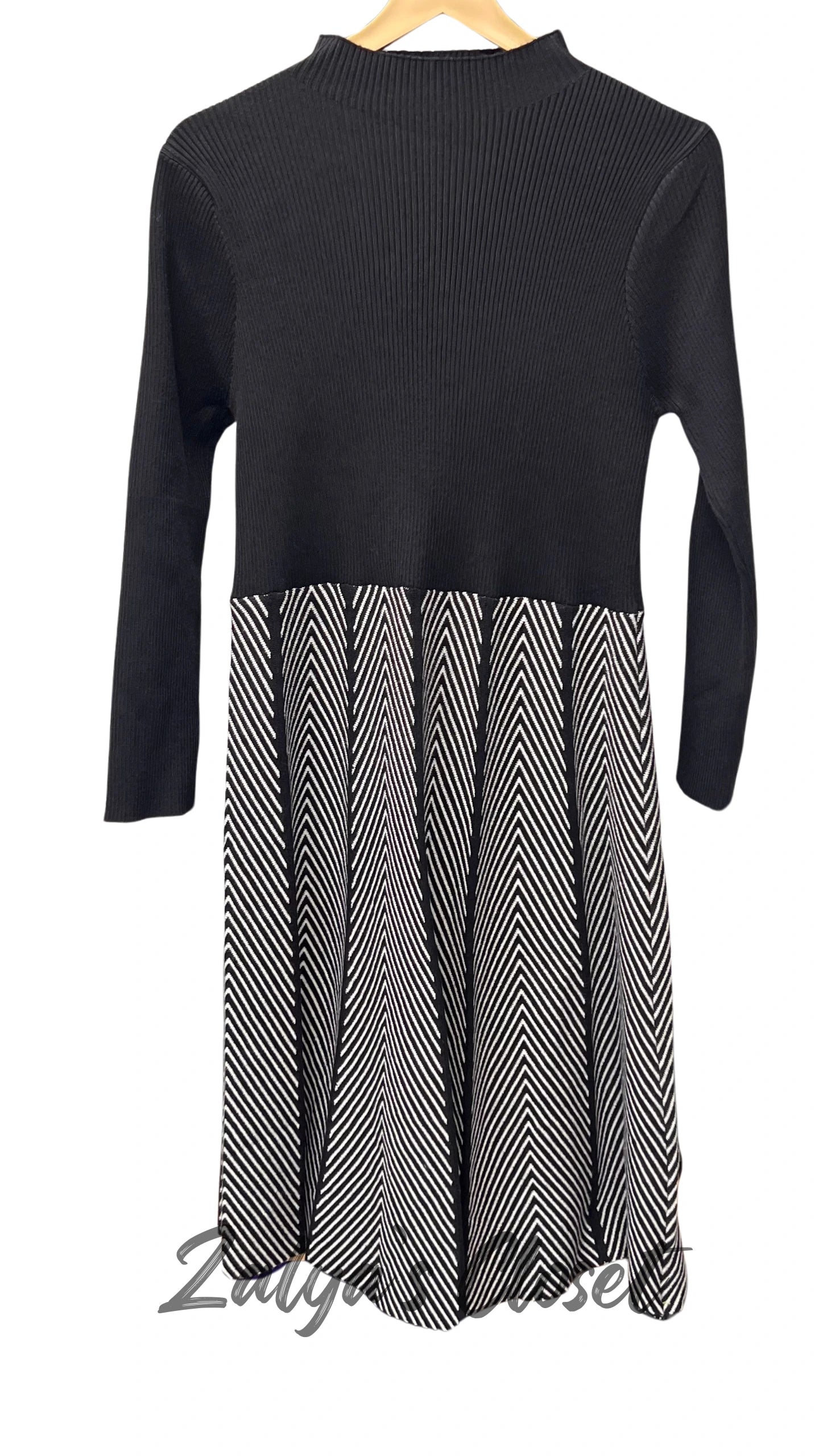 Imported Striped Dress with Belt - Black image