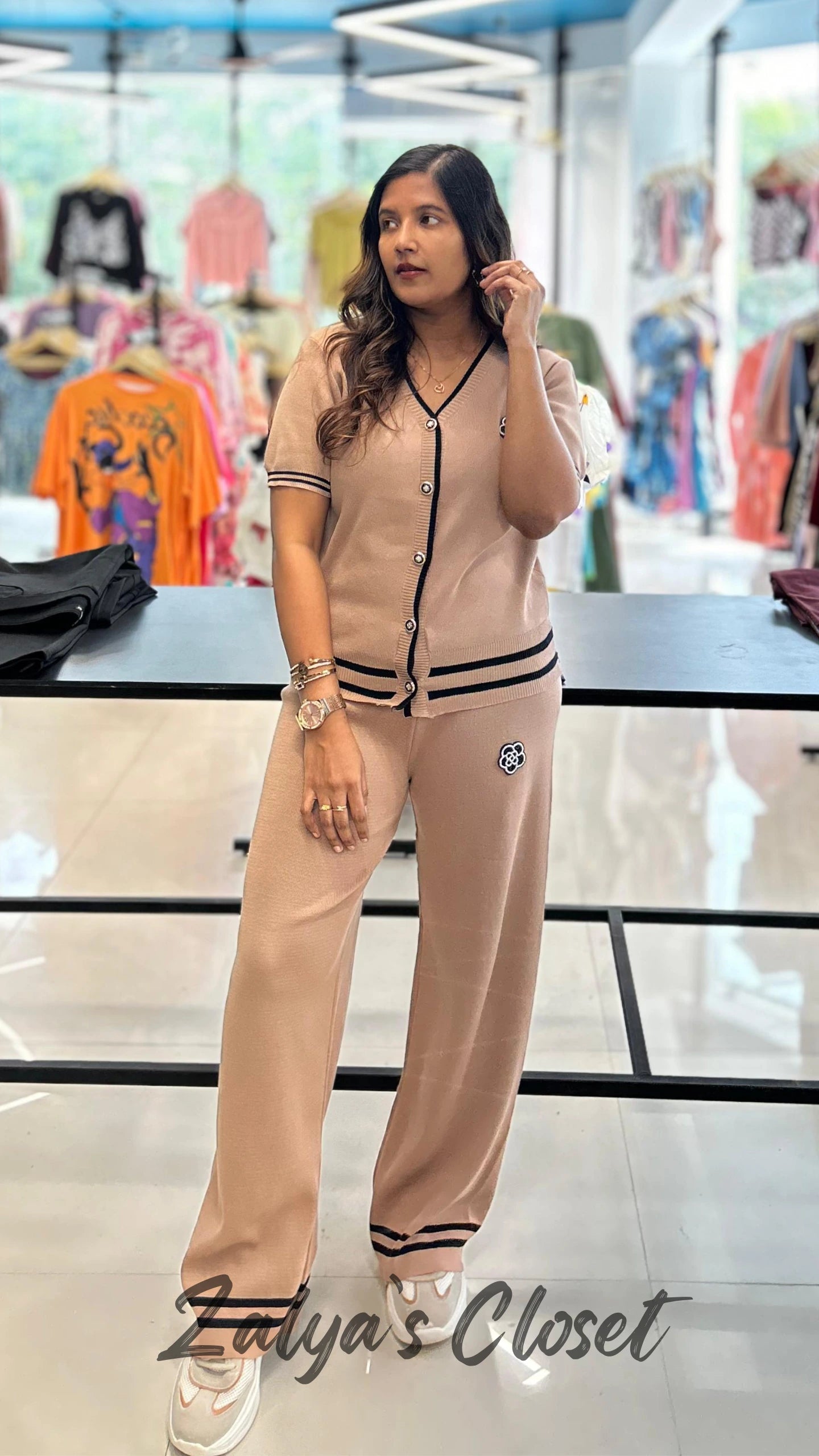 Imported Airport Look Co-ord Set with Bottom Striped - Light Brown image