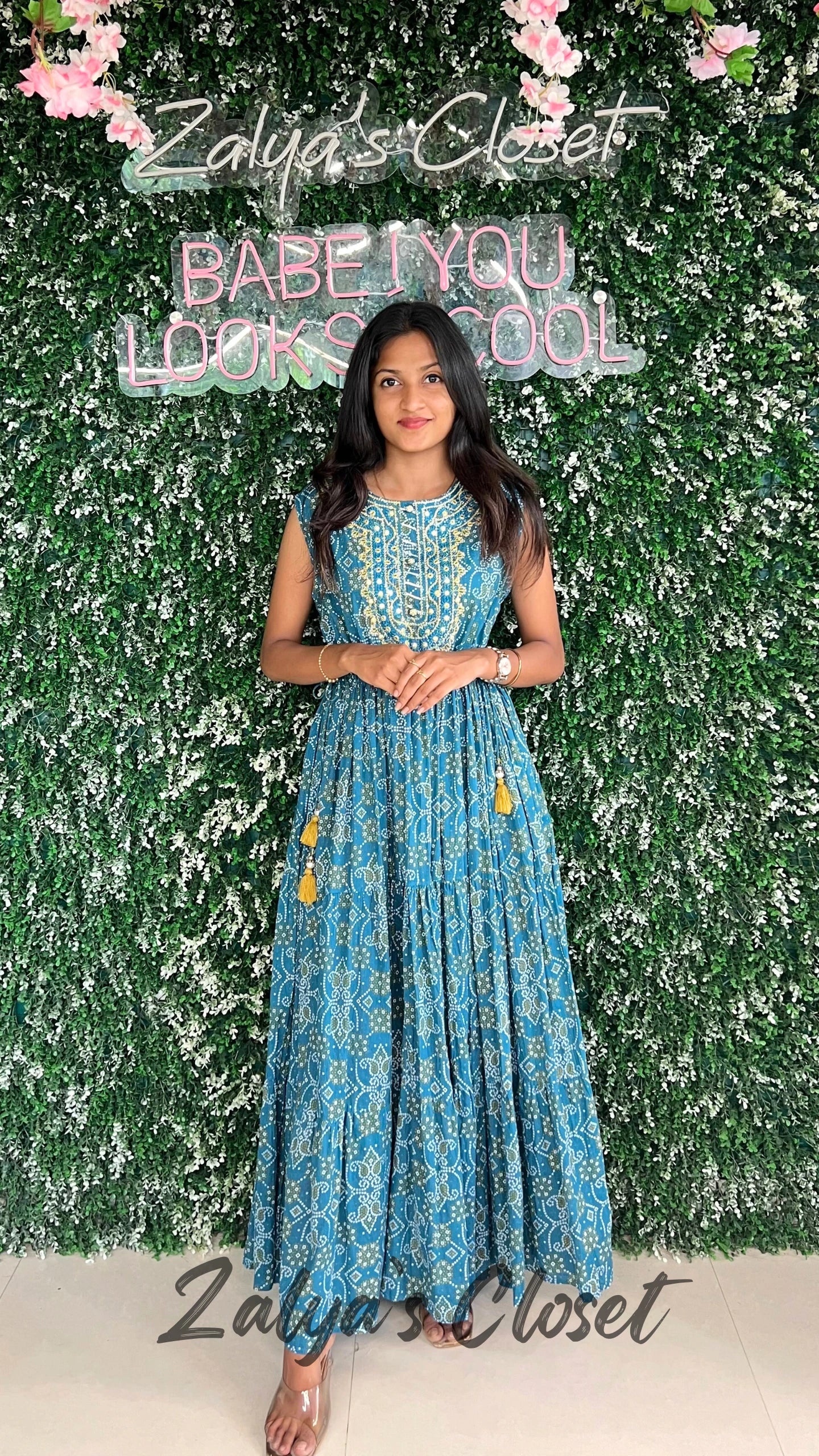 Blue Cotton Gown with Yolk Work image 1