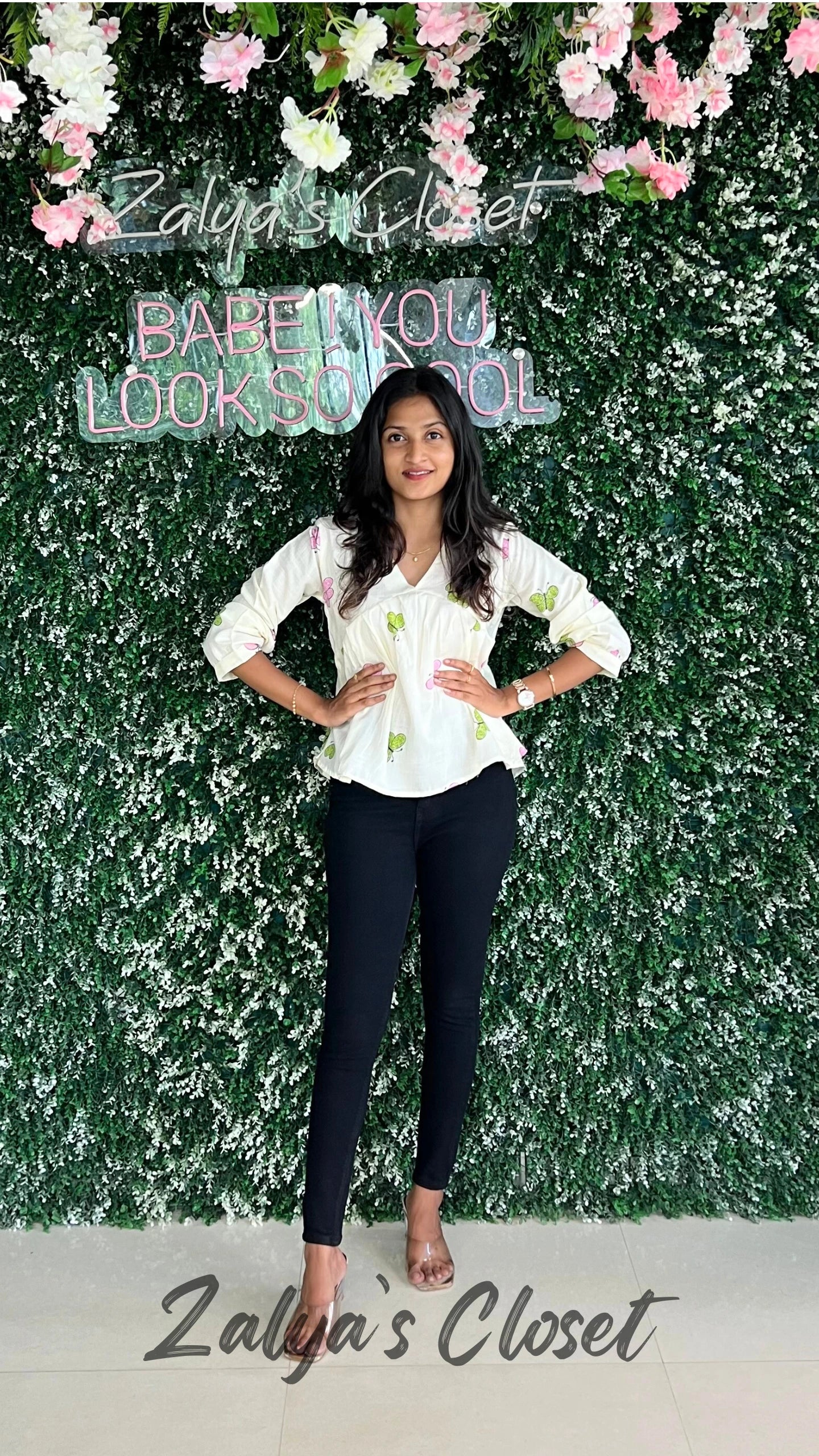 Butterfly White Tops - Green with Pink image