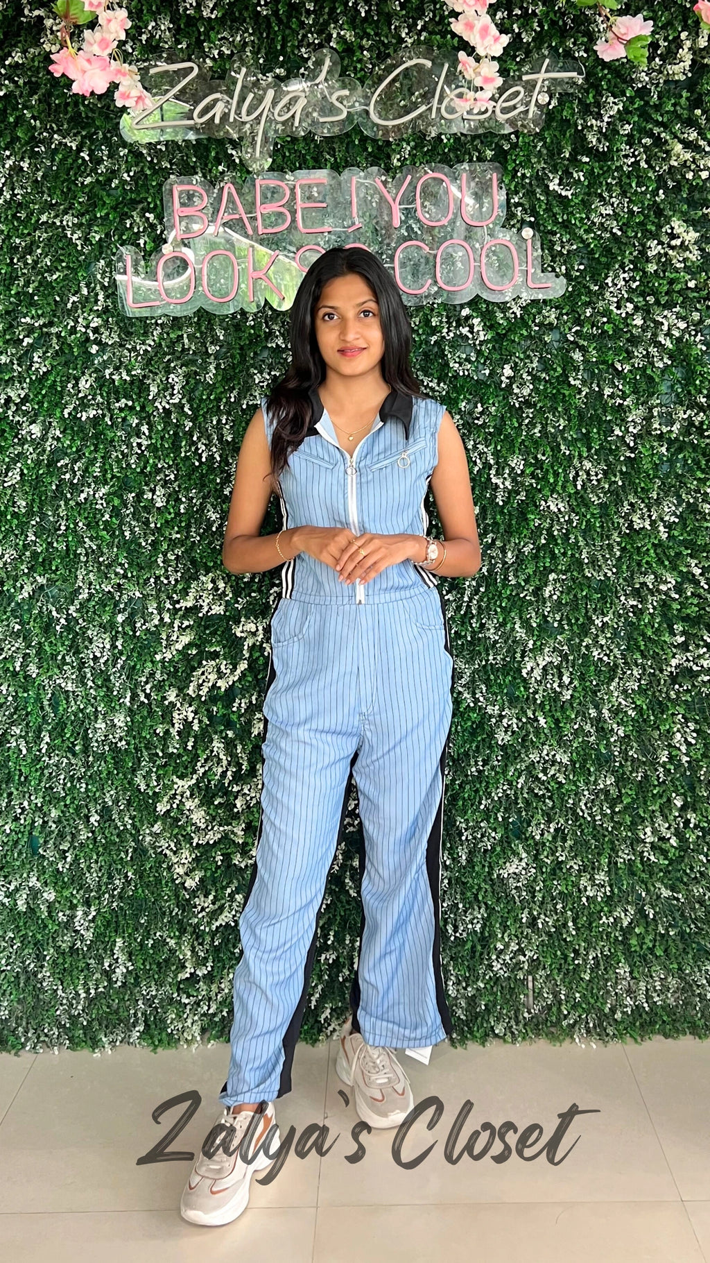 Sleeveless Vertical Striped Denim Co-ord Set - Light Blue image