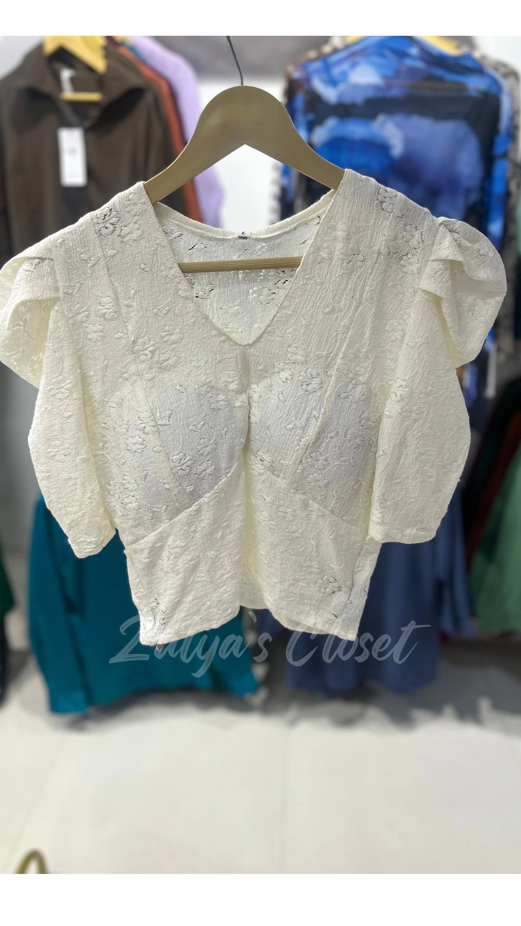 Puff Sleeve Padded Crochet Top - White image