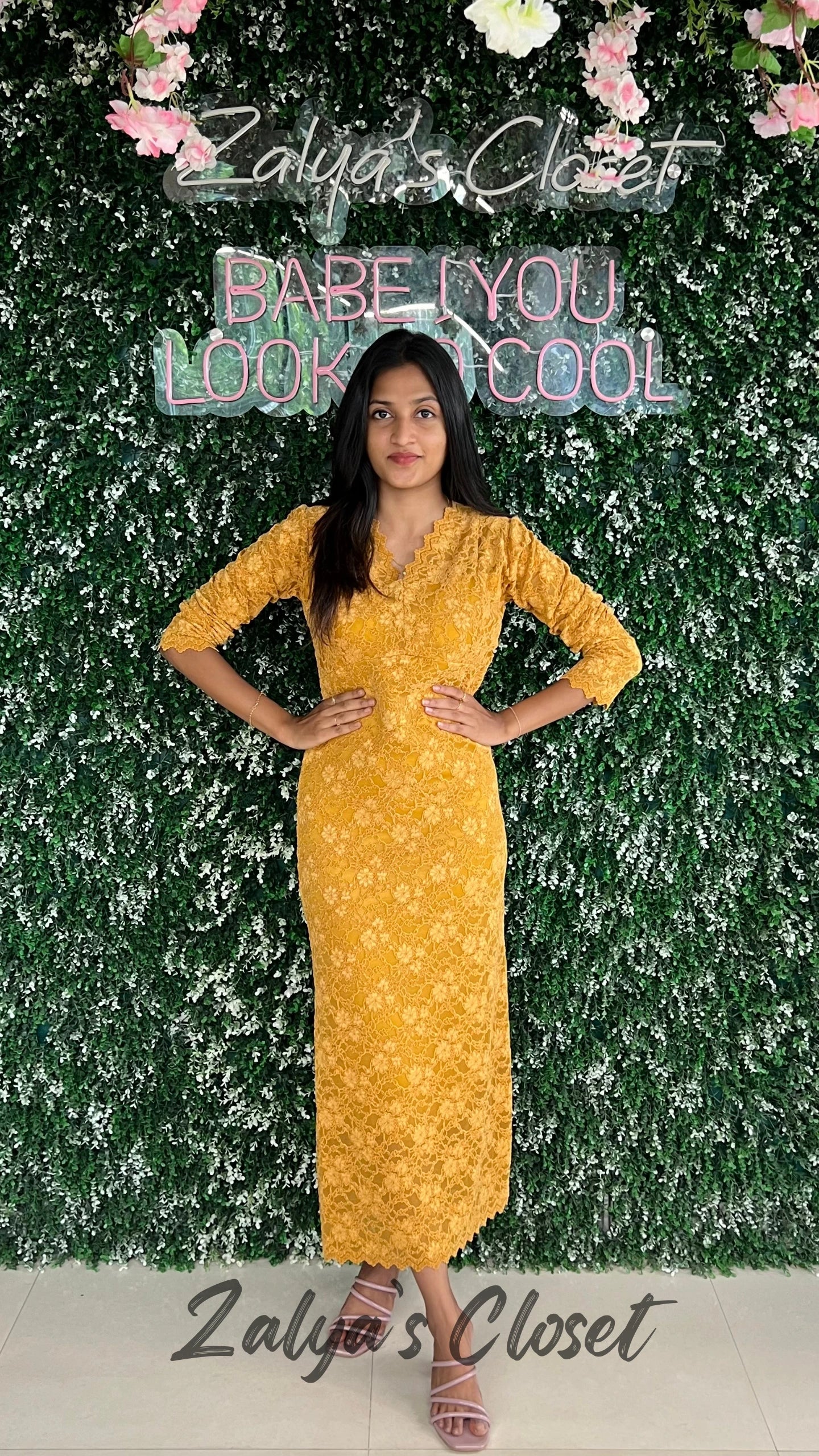 Imported Soft Lace Design Dress - Mustard yellow image