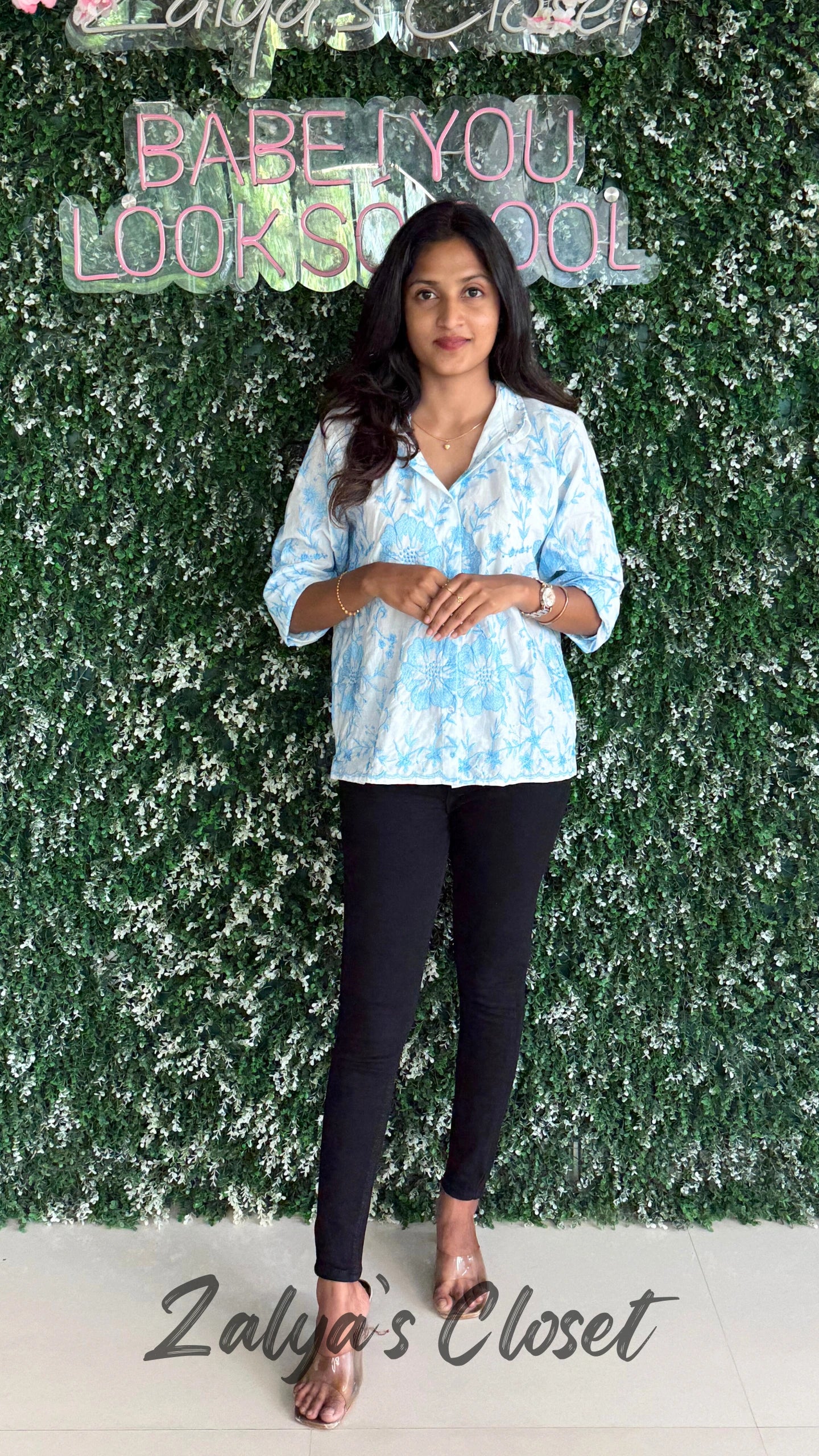 Flower Embroidered Tops - Blue image