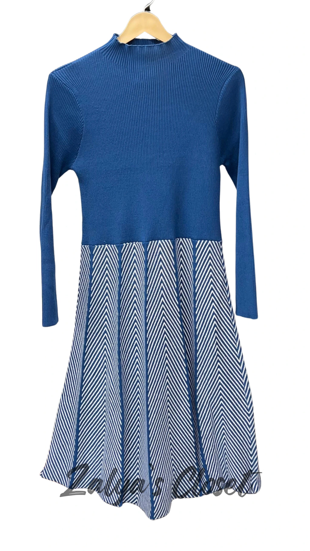 Imported Striped Dress with Belt - Blue image