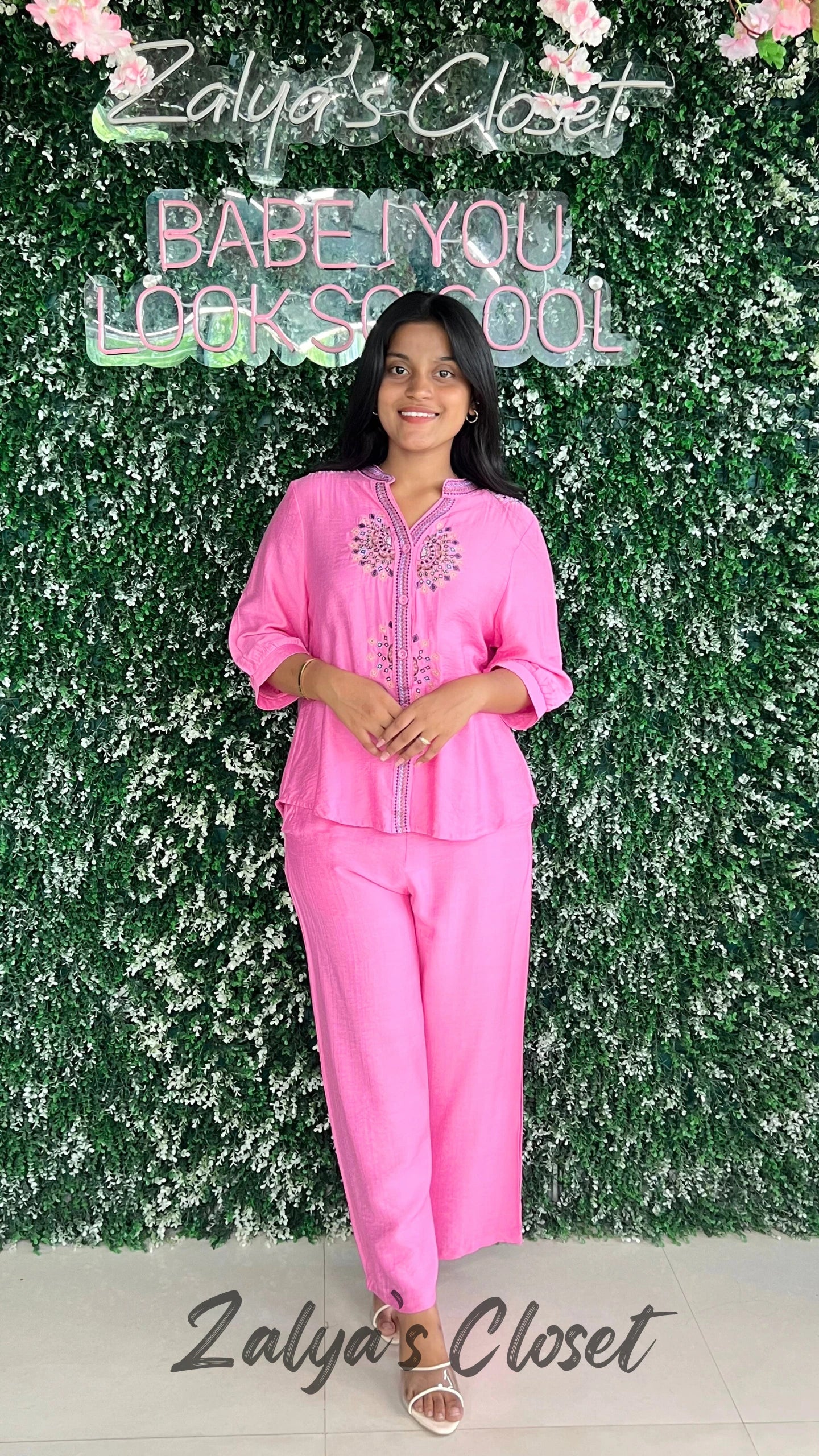 Front Embroidered Top and Pant Co-ord Set - Pink, 38 - 42 image