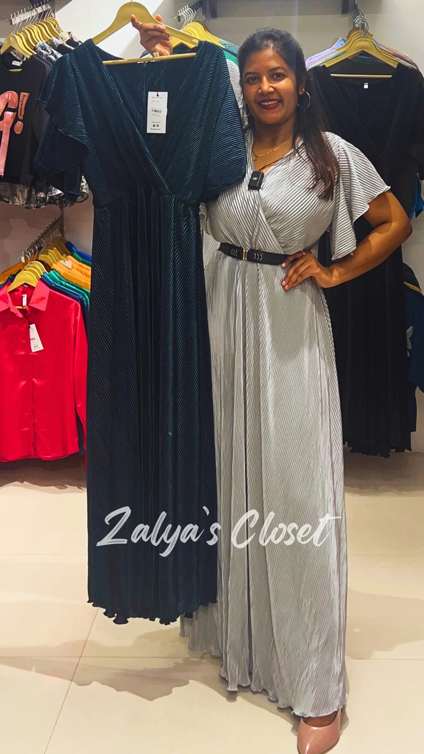 Pleated Ruffle Sleeve Long Dress - Green, 38 - 42 image