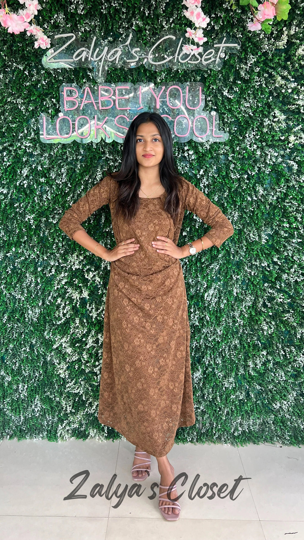 Imported Lace Design Slip Dress with Shrug - Brown image